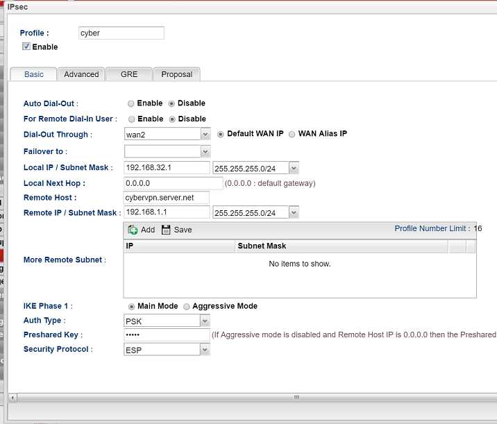 a screenshot of IPsec VPN profile of Vigor3900
